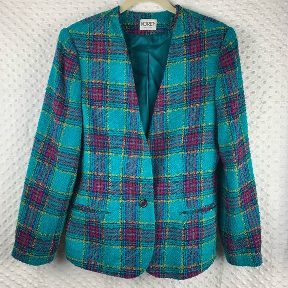 VINTAGE KORET Blazer 1980s Plaid Design Turquoise & Pink - Picture 1 of 7
